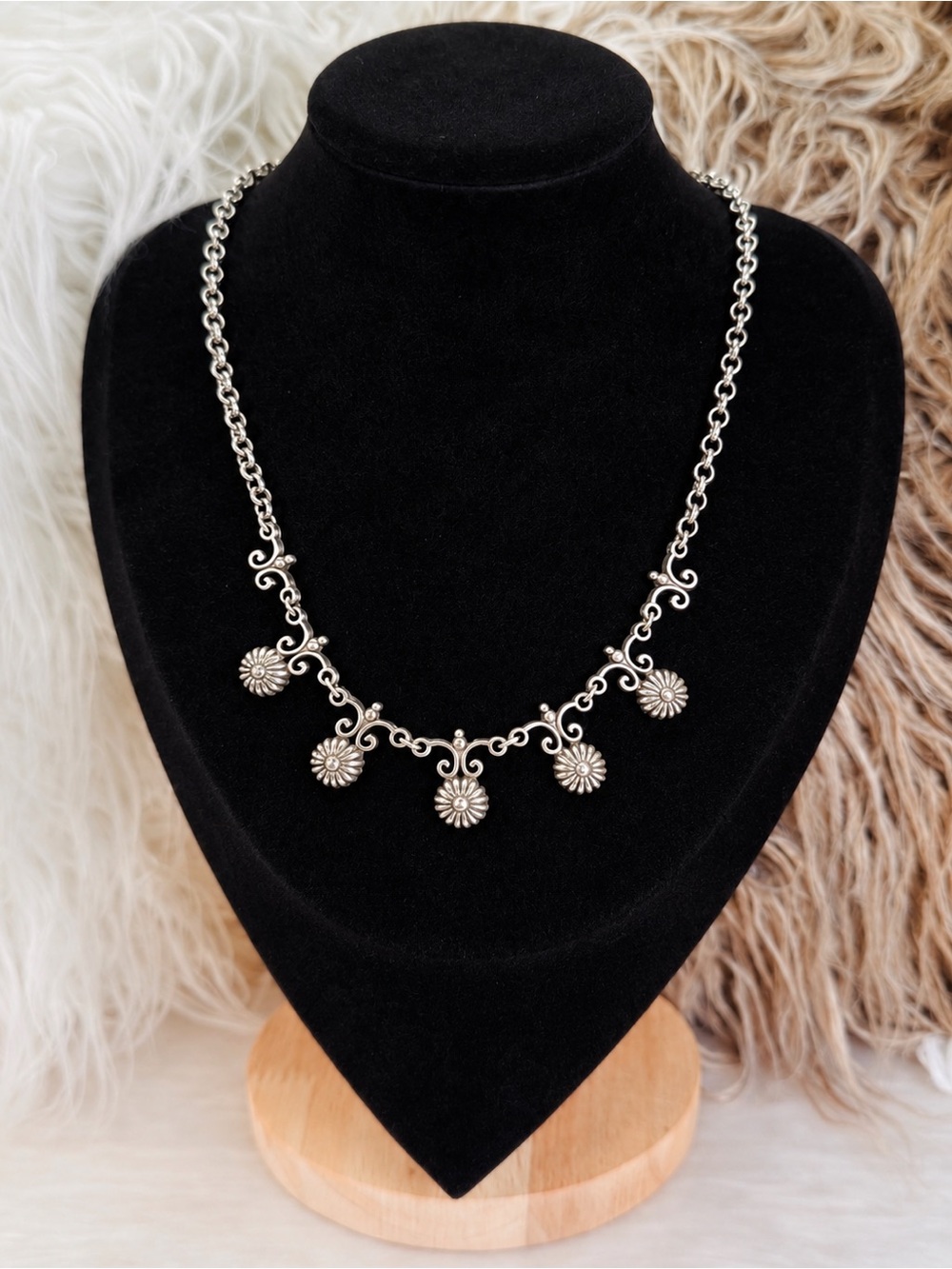 Brighton Silver Tone Floral Charm Scrollwork Necklace Daisy Drop Design